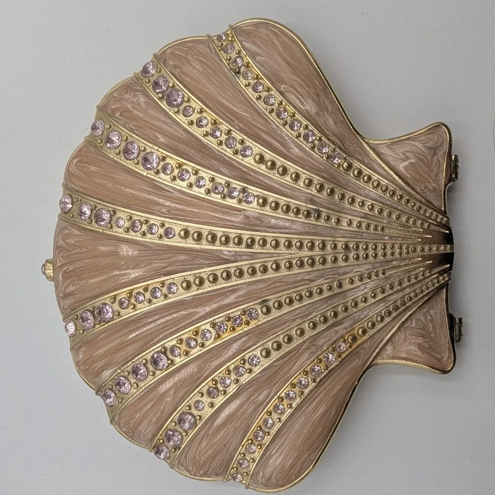 Vintage Glam Ashleigh Manor Seashell Compact Mirror Gold Pink Enameled Jeweled